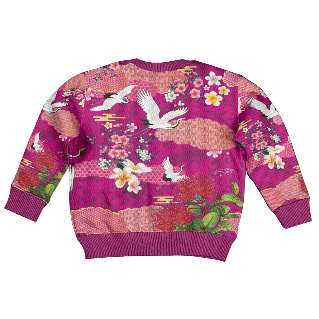 Hawaiian and Japanese Culture Together Kid Ugly Christmas Sweater Pink Ohia Lehua Plumeria and Sakura Blooming LT03 - Polynesian Pride