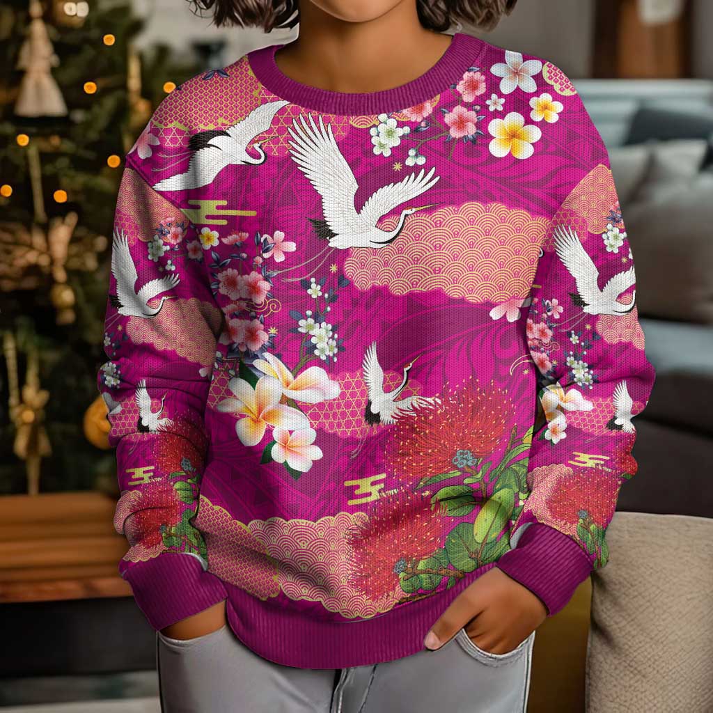 Hawaiian and Japanese Culture Together Kid Ugly Christmas Sweater Pink Ohia Lehua Plumeria and Sakura Blooming LT03 - Polynesian Pride