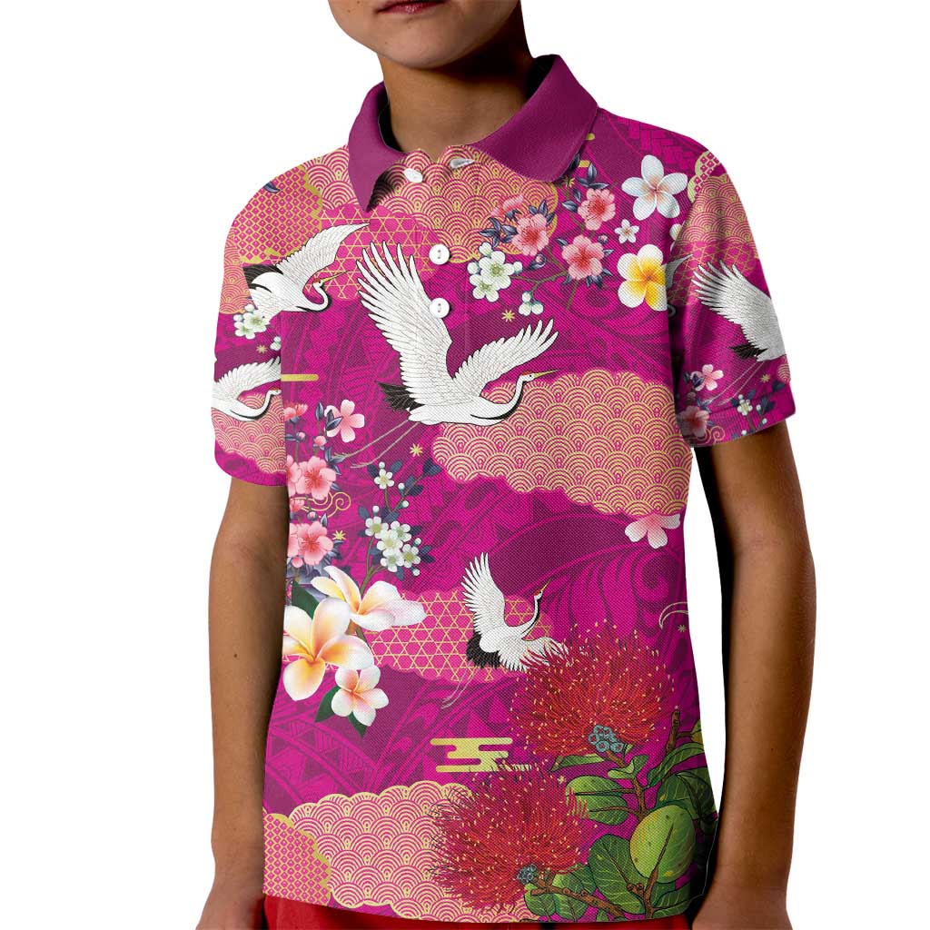 Hawaiian and Japanese Culture Together Kid Polo Shirt Pink Ohia Lehua Plumeria and Sakura Blooming - Polynesian Pride