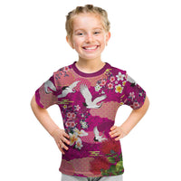Hawaiian and Japanese Culture Together Kid T Shirt Pink Ohia Lehua Plumeria and Sakura Blooming LT03 Pink - Polynesian Pride