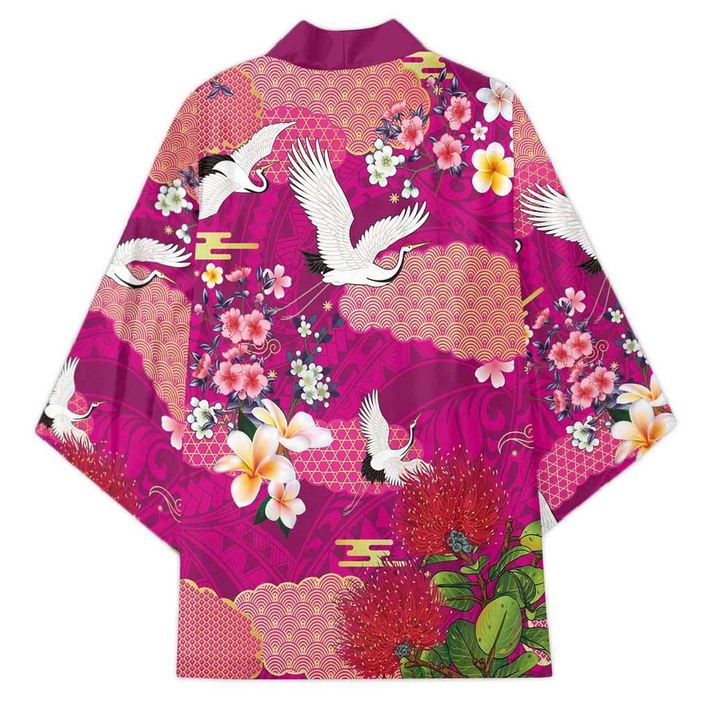Hawaiian and Japanese Culture Together Kimono Pink Ohia Lehua Plumeria and Sakura Blooming LT03 - Polynesian Pride