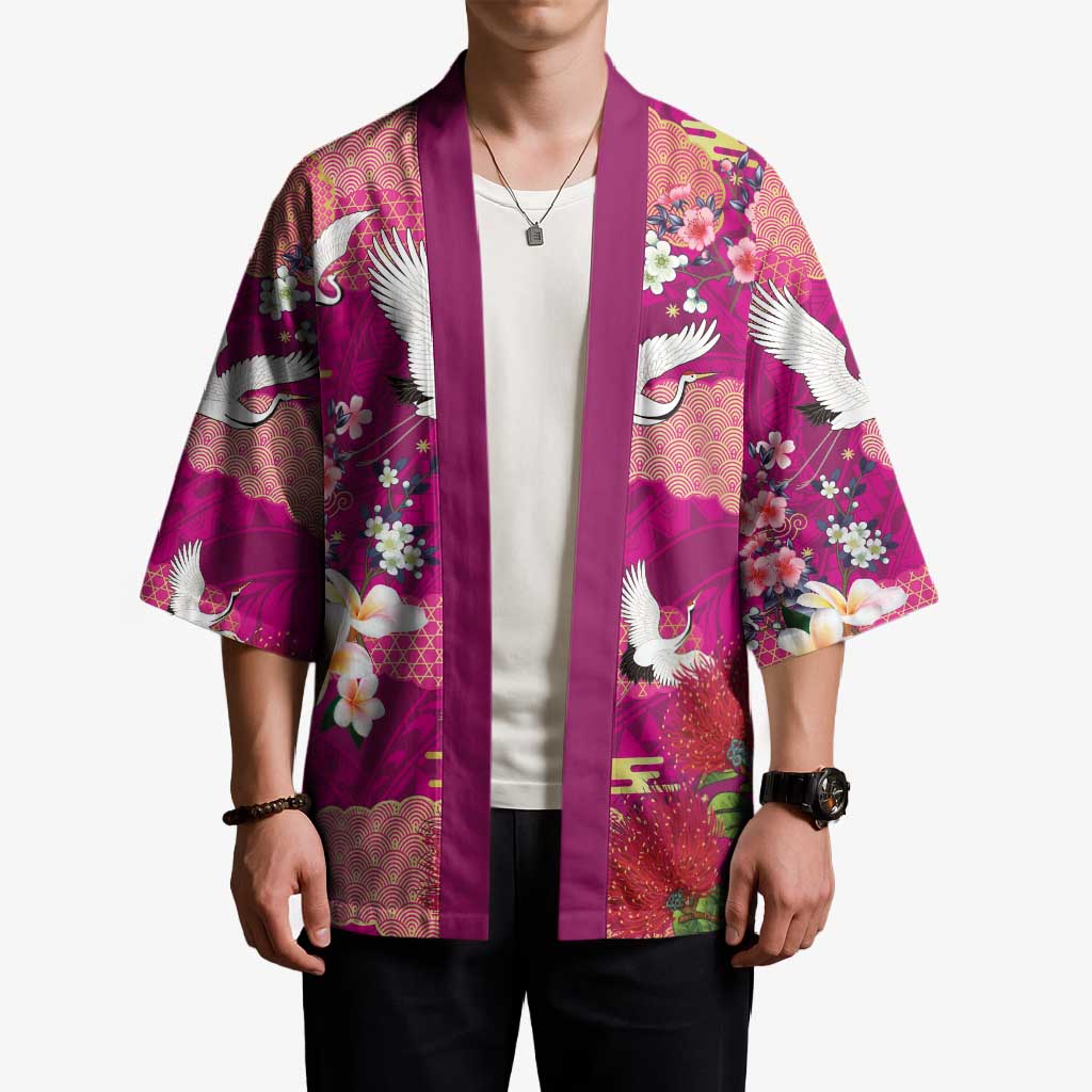 Hawaiian and Japanese Culture Together Kimono Pink Ohia Lehua Plumeria and Sakura Blooming LT03 - Polynesian Pride