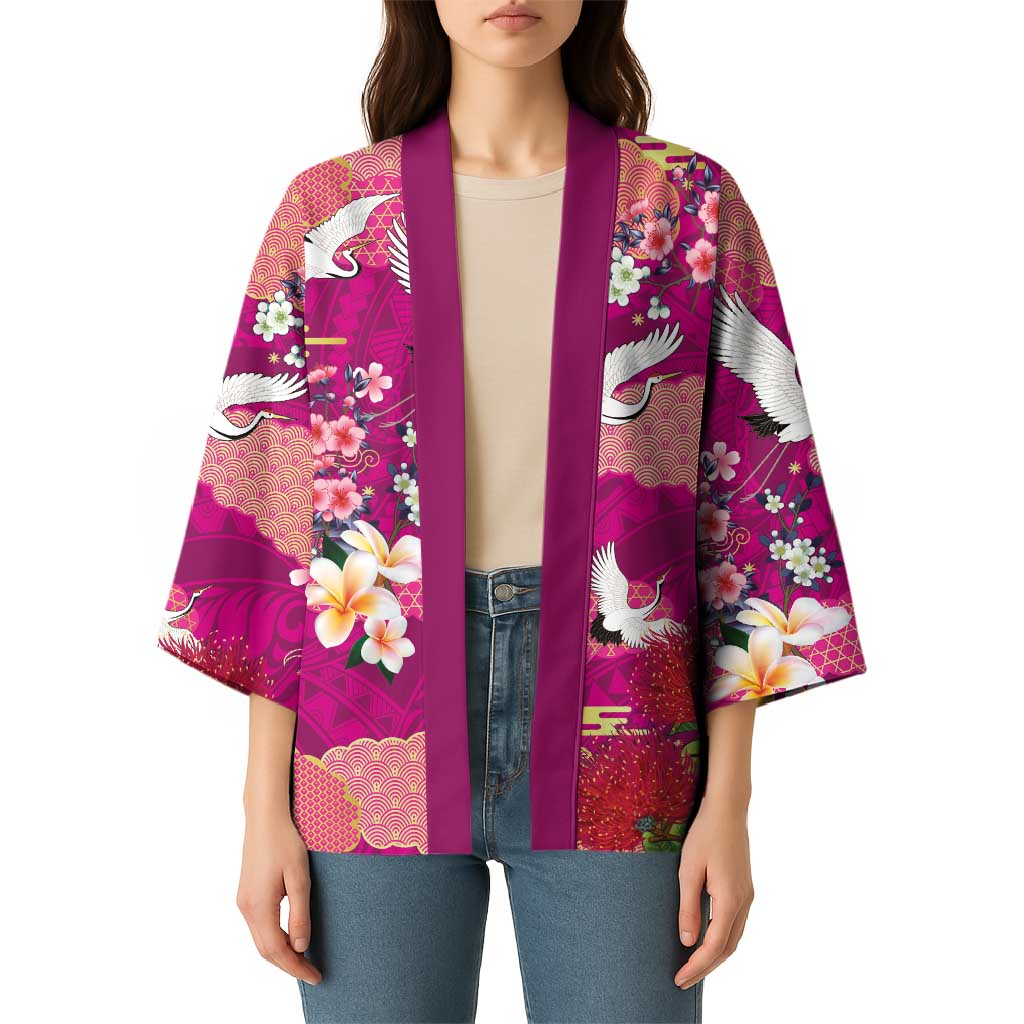 Hawaiian and Japanese Culture Together Kimono Pink Ohia Lehua Plumeria and Sakura Blooming LT03 - Polynesian Pride