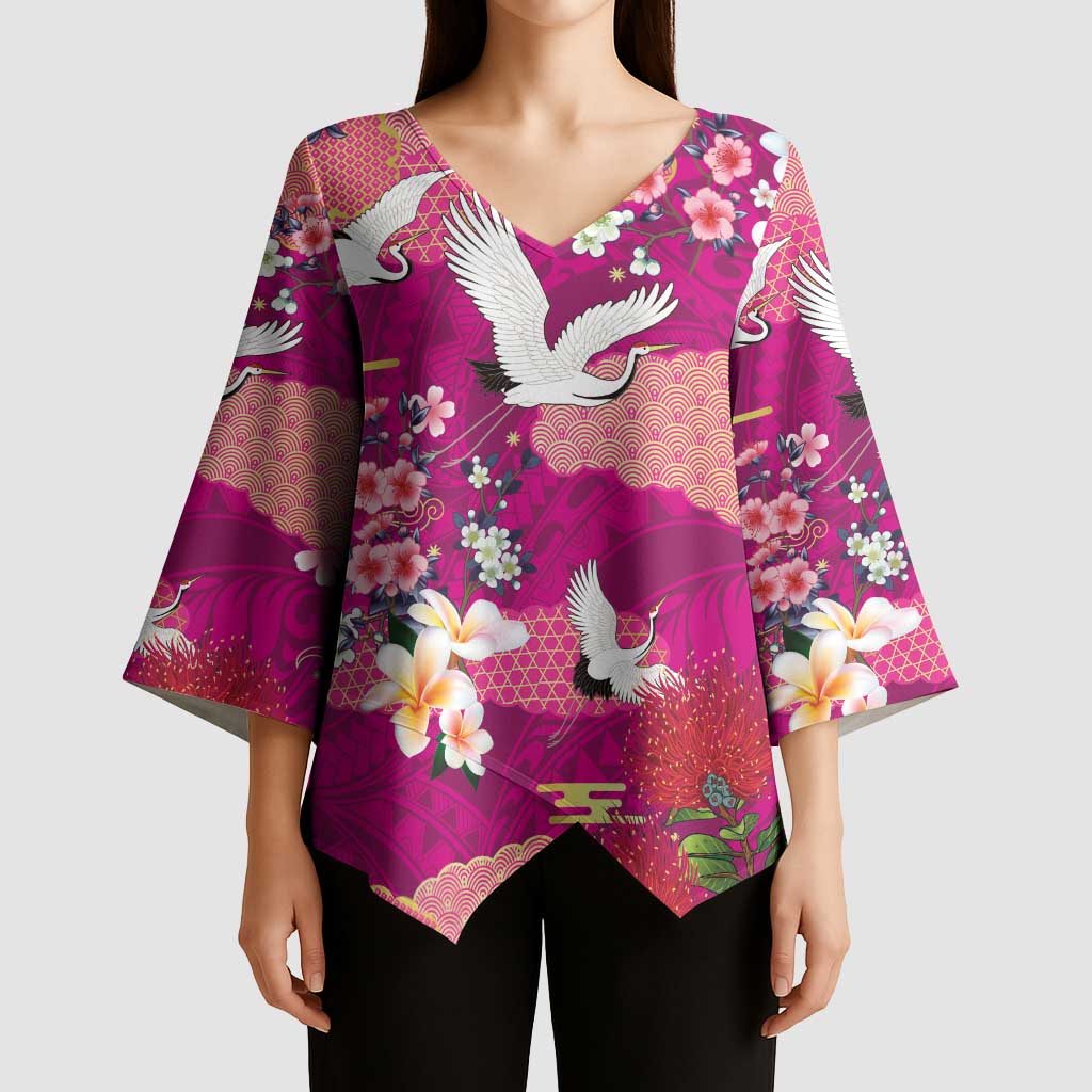 Hawaiian and Japanese Culture Together Kimono Sleeve Blouse Pink Ohia Lehua Plumeria and Sakura Blooming LT03 - Polynesian Pride