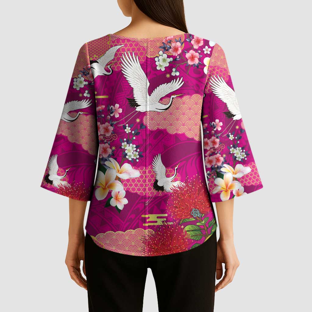 Hawaiian and Japanese Culture Together Kimono Sleeve Blouse Pink Ohia Lehua Plumeria and Sakura Blooming LT03 - Polynesian Pride