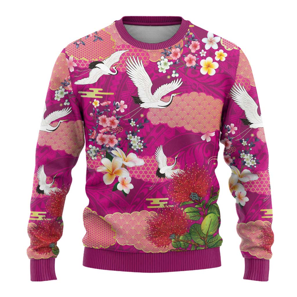 Hawaiian and Japanese Culture Together Ugly Christmas Sweater Pink Ohia Lehua Plumeria and Sakura Blooming LT03 - Polynesian Pride