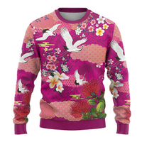 Hawaiian and Japanese Culture Together Ugly Christmas Sweater Pink Ohia Lehua Plumeria and Sakura Blooming LT03 - Polynesian Pride