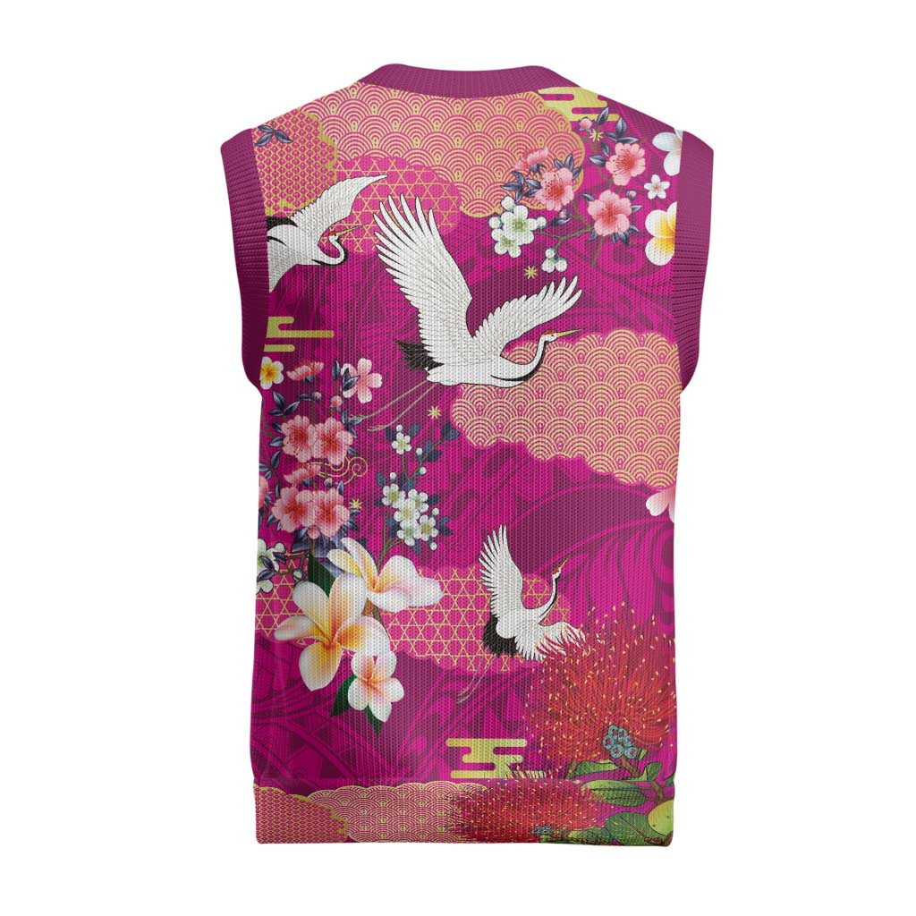 Hawaiian and Japanese Culture Together Christmas Knitted V-Neck Vest Pink Ohia Lehua Plumeria and Sakura Blooming LT03 - Polynesian Pride