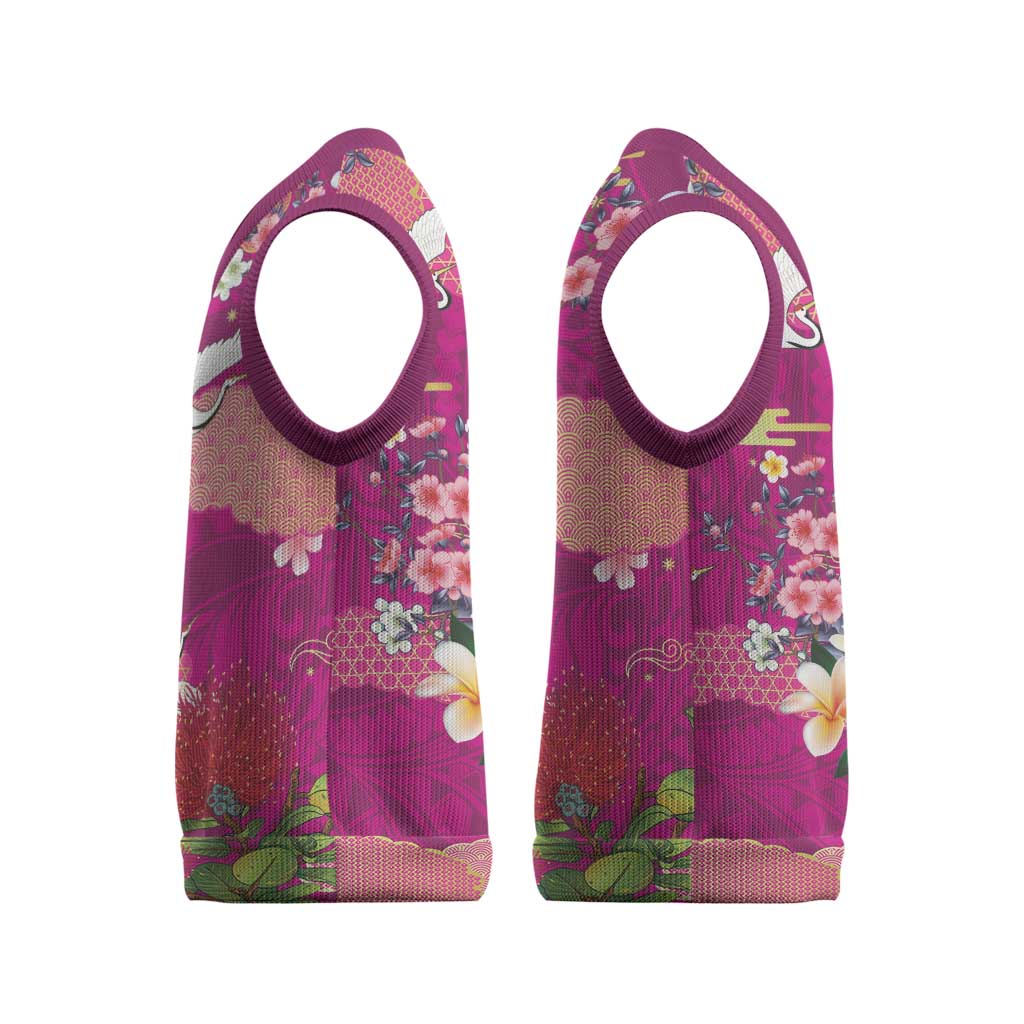 Hawaiian and Japanese Culture Together Christmas Knitted V-Neck Vest Pink Ohia Lehua Plumeria and Sakura Blooming LT03 - Polynesian Pride