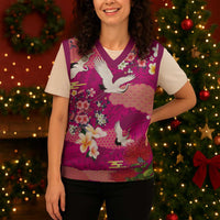 Hawaiian and Japanese Culture Together Christmas Knitted V-Neck Vest Pink Ohia Lehua Plumeria and Sakura Blooming LT03 - Polynesian Pride