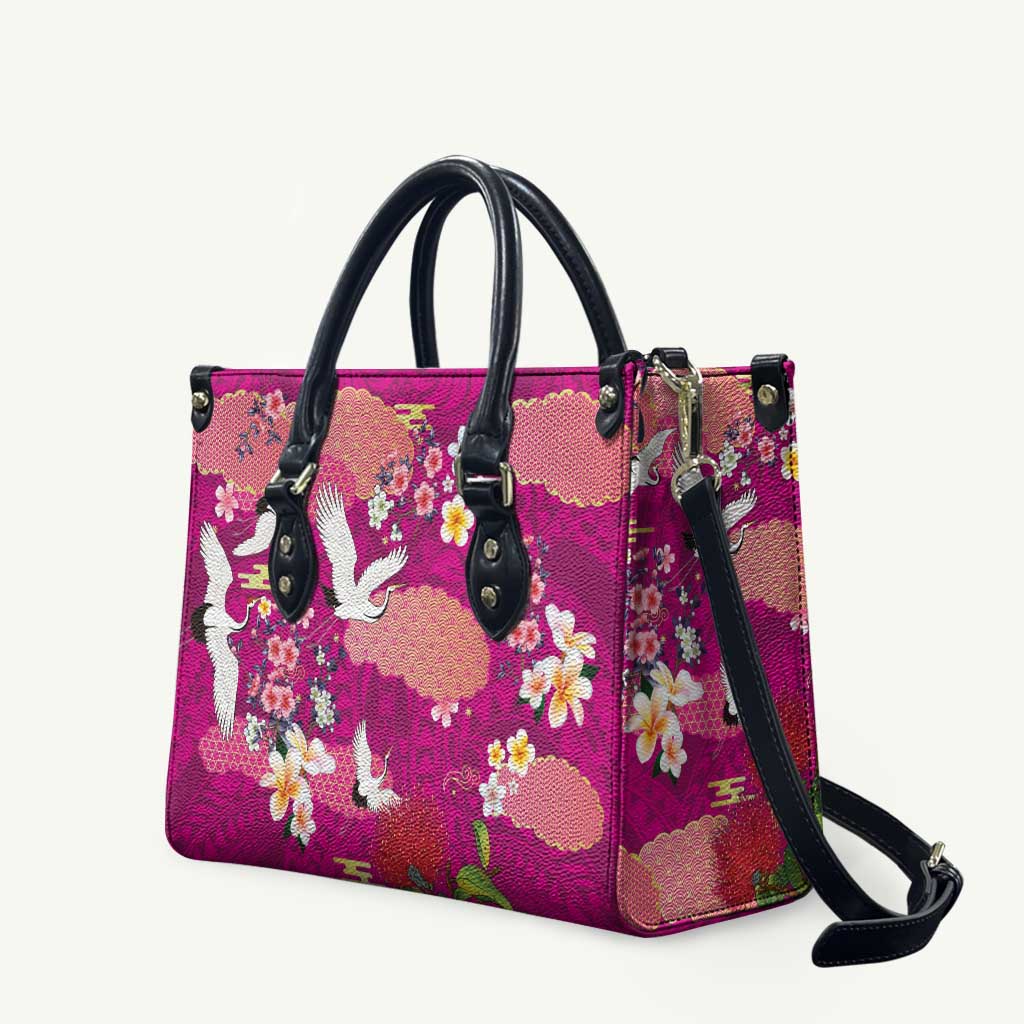 Hawaiian and Japanese Culture Together Leather Bag Pink Ohia Lehua Plumeria and Sakura Blooming LT03 Pink - Polynesian Pride