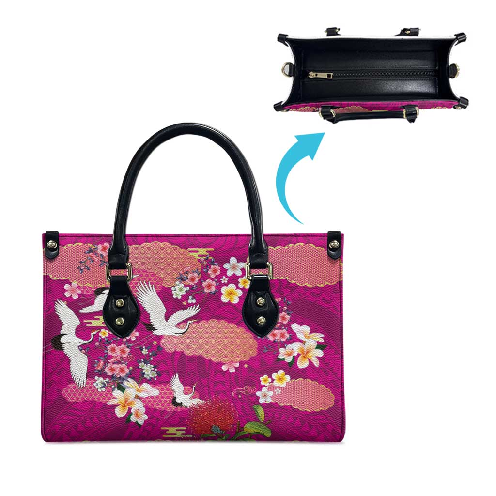 Hawaiian and Japanese Culture Together Leather Bag Pink Ohia Lehua Plumeria and Sakura Blooming LT03 - Polynesian Pride