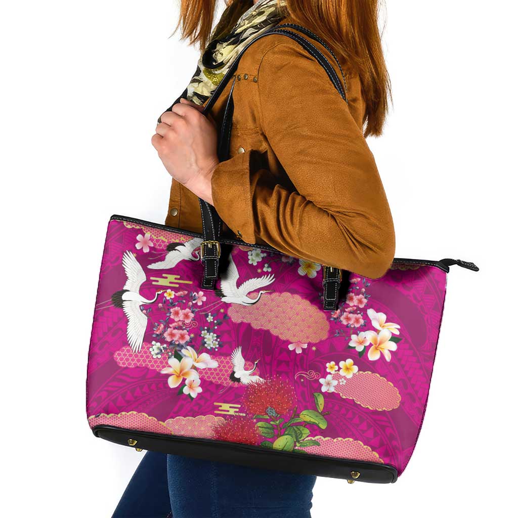 Hawaiian and Japanese Culture Together Leather Tote Bag Pink Ohia Lehua Plumeria and Sakura Blooming LT03 Pink - Polynesian Pride