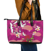 Hawaiian and Japanese Culture Together Leather Tote Bag Pink Ohia Lehua Plumeria and Sakura Blooming LT03 - Polynesian Pride