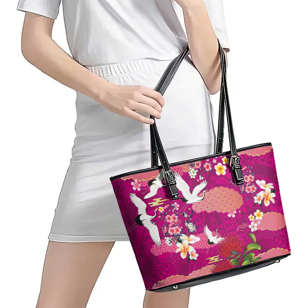 Hawaiian and Japanese Culture Together Leather Tote Bag Pink Ohia Lehua Plumeria and Sakura Blooming LT03 - Polynesian Pride