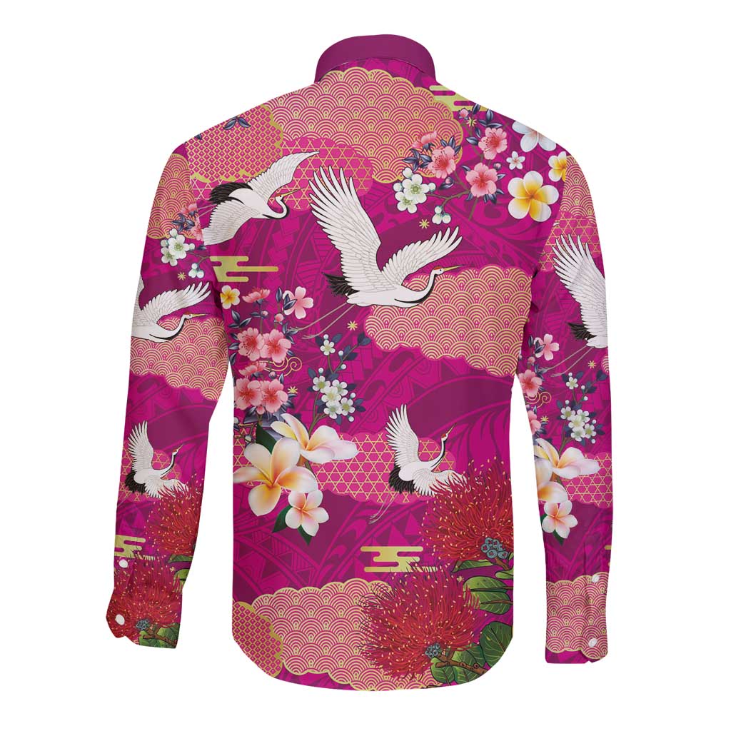 Hawaiian and Japanese Culture Together Long Sleeve Button Shirt Pink Ohia Lehua Plumeria and Sakura Blooming LT03 - Polynesian Pride