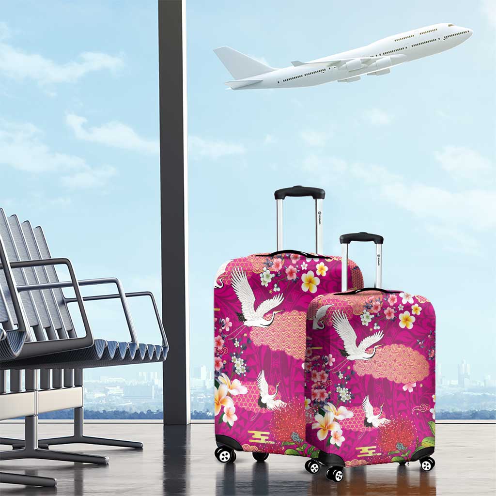 Hawaiian and Japanese Culture Together Luggage Cover Pink Ohia Lehua Plumeria and Sakura Blooming LT03 - Polynesian Pride