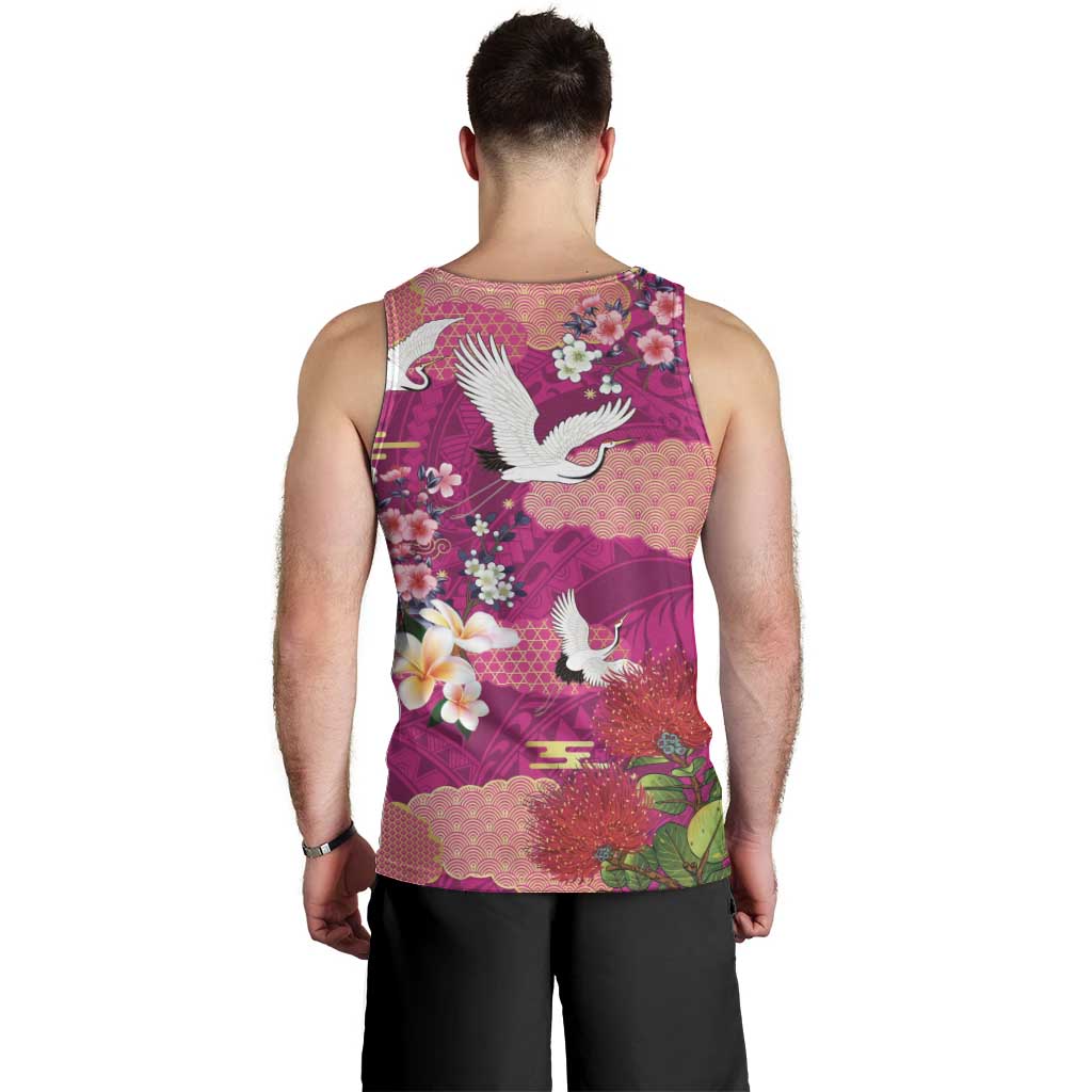 Hawaiian and Japanese Culture Together Men Tank Top Pink Ohia Lehua Plumeria and Sakura Blooming LT03 - Polynesian Pride