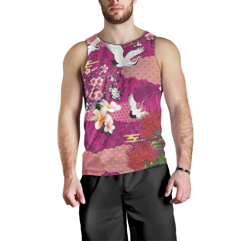 Hawaiian and Japanese Culture Together Men Tank Top Pink Ohia Lehua Plumeria and Sakura Blooming LT03 - Polynesian Pride