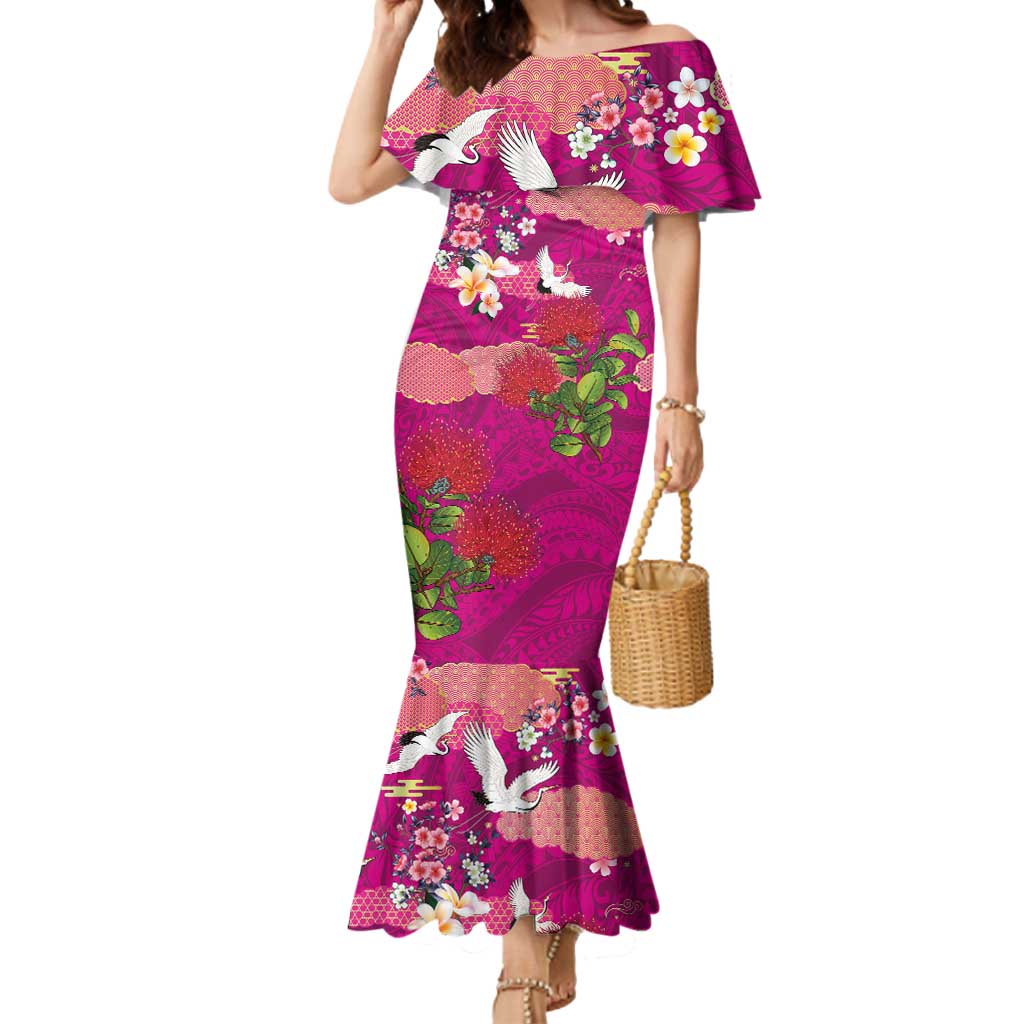 Hawaiian and Japanese Culture Together Mermaid Dress Pink Ohia Lehua Plumeria and Sakura Blooming LT03 Women Pink - Polynesian Pride
