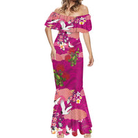 Hawaiian and Japanese Culture Together Mermaid Dress Pink Ohia Lehua Plumeria and Sakura Blooming LT03 - Polynesian Pride
