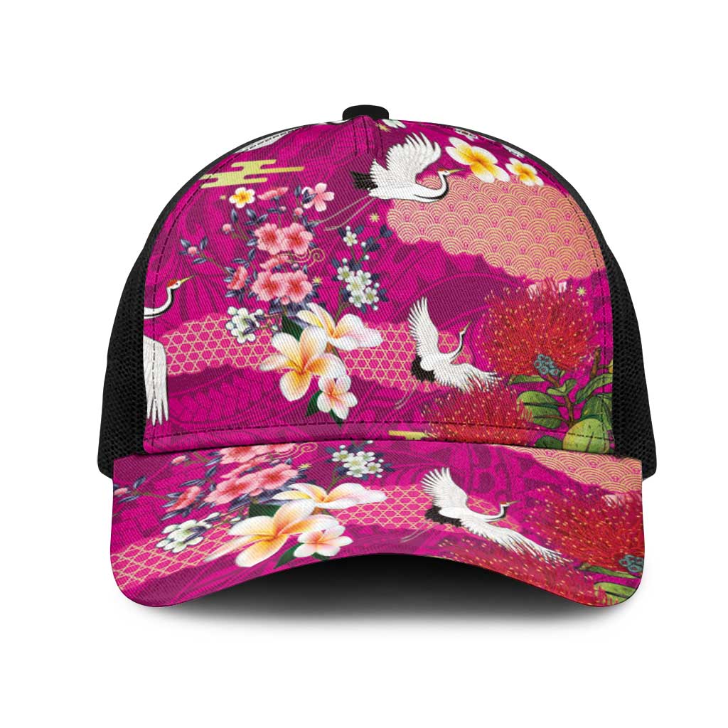 Hawaiian and Japanese Culture Together Mesh Trucker Cap Pink Ohia Lehua Plumeria and Sakura Blooming LT03 One Size Black Pink - Polynesian Pride