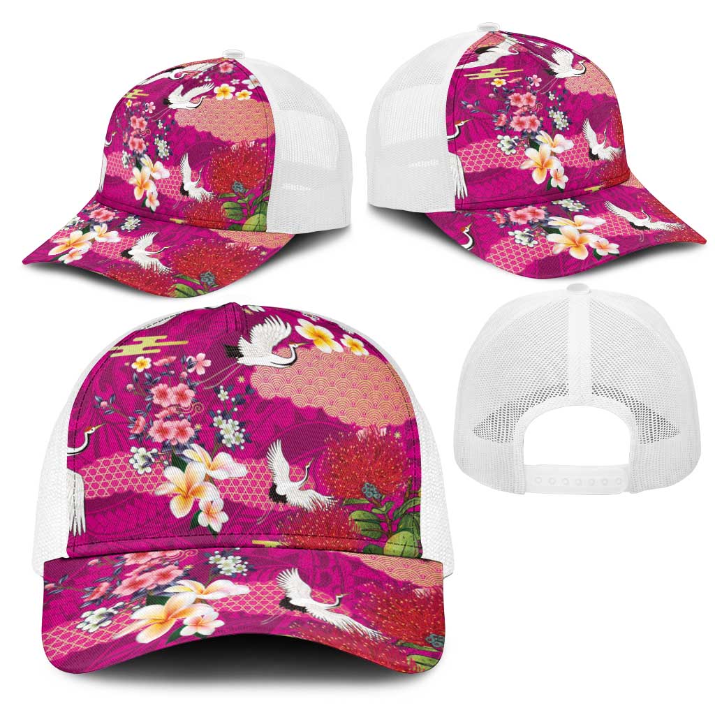 Hawaiian and Japanese Culture Together Mesh Trucker Cap Pink Ohia Lehua Plumeria and Sakura Blooming LT03 - Polynesian Pride