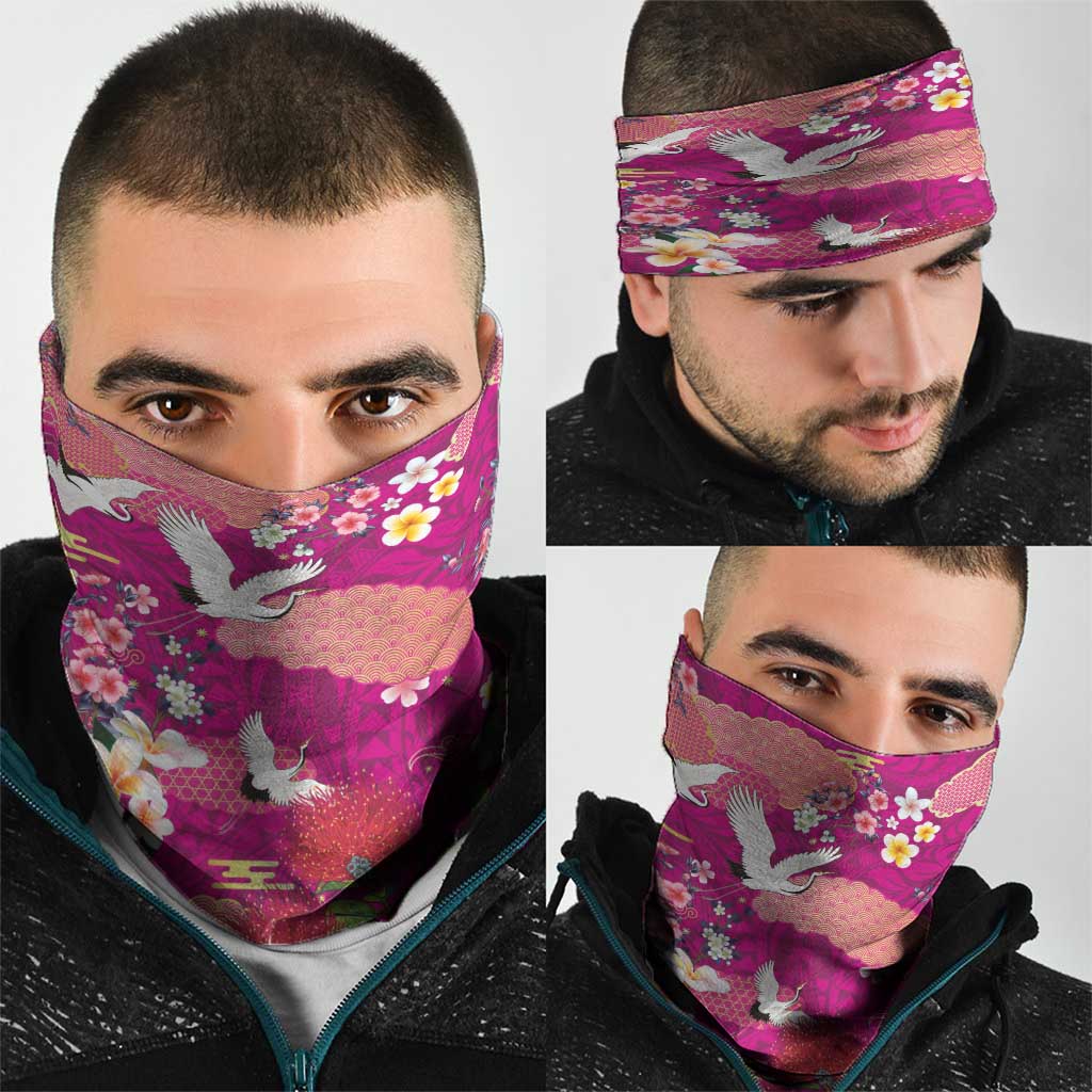 Hawaiian and Japanese Culture Together Neck Gaiter Pink Ohia Lehua Plumeria and Sakura Blooming LT03 - Polynesian Pride