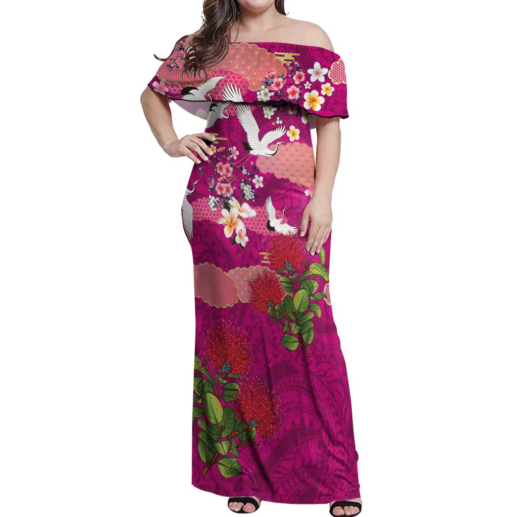 Hawaiian and Japanese Culture Together Off Shoulder Maxi Dress Pink Ohia Lehua Plumeria and Sakura Blooming LT03 Women Pink - Polynesian Pride