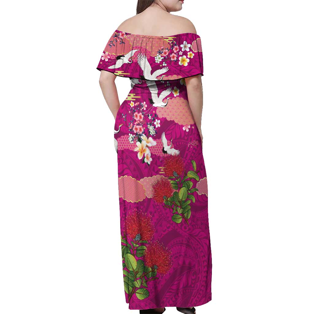 Hawaiian and Japanese Culture Together Off Shoulder Maxi Dress Pink Ohia Lehua Plumeria and Sakura Blooming LT03 - Polynesian Pride