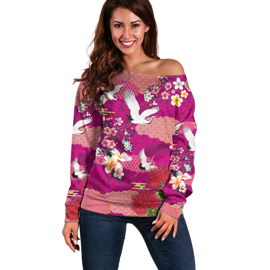Hawaiian and Japanese Culture Together Off Shoulder Sweater Pink Ohia Lehua Plumeria and Sakura Blooming LT03 Women Pink - Polynesian Pride