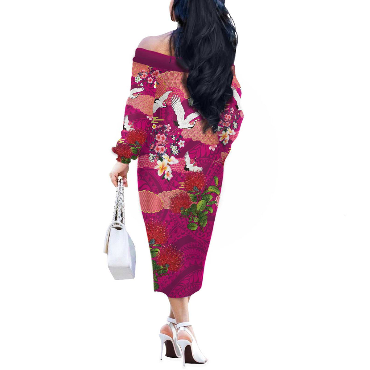 Hawaiian and Japanese Culture Together Off The Shoulder Long Sleeve Dress Pink Ohia Lehua Plumeria and Sakura Blooming LT03 - Polynesian Pride