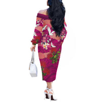Hawaiian and Japanese Culture Together Off The Shoulder Long Sleeve Dress Pink Ohia Lehua Plumeria and Sakura Blooming LT03 - Polynesian Pride