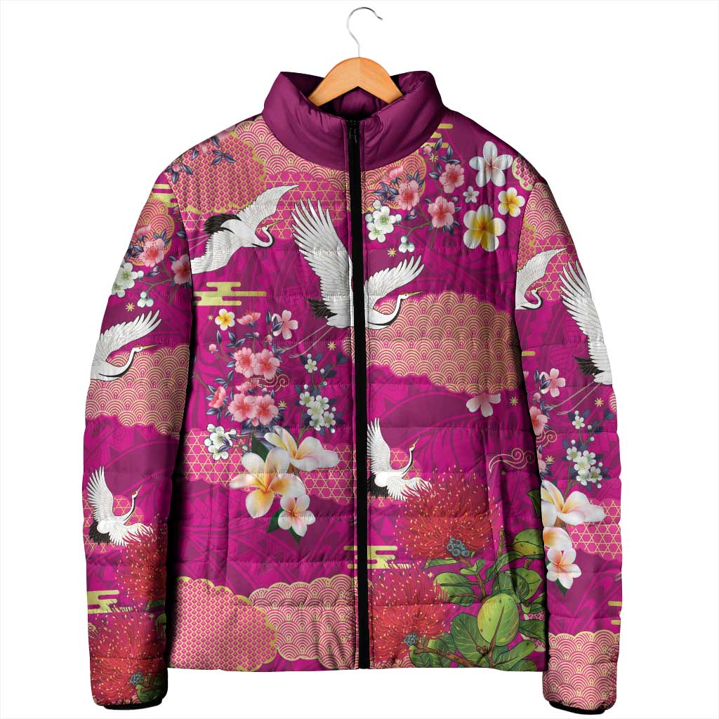 Hawaiian and Japanese Culture Together Padded Jacket Pink Ohia Lehua Plumeria and Sakura Blooming LT03 - Polynesian Pride