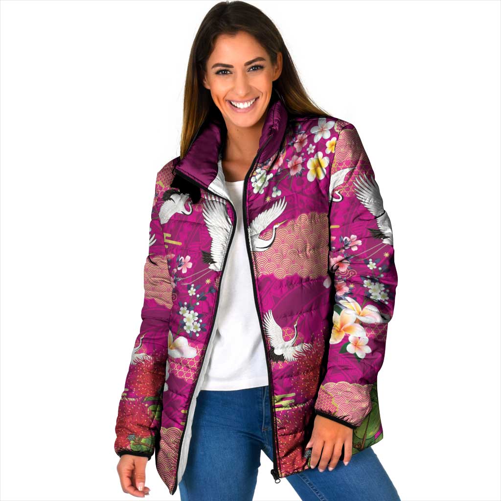 Hawaiian and Japanese Culture Together Padded Jacket Pink Ohia Lehua Plumeria and Sakura Blooming LT03 Women Pink - Polynesian Pride
