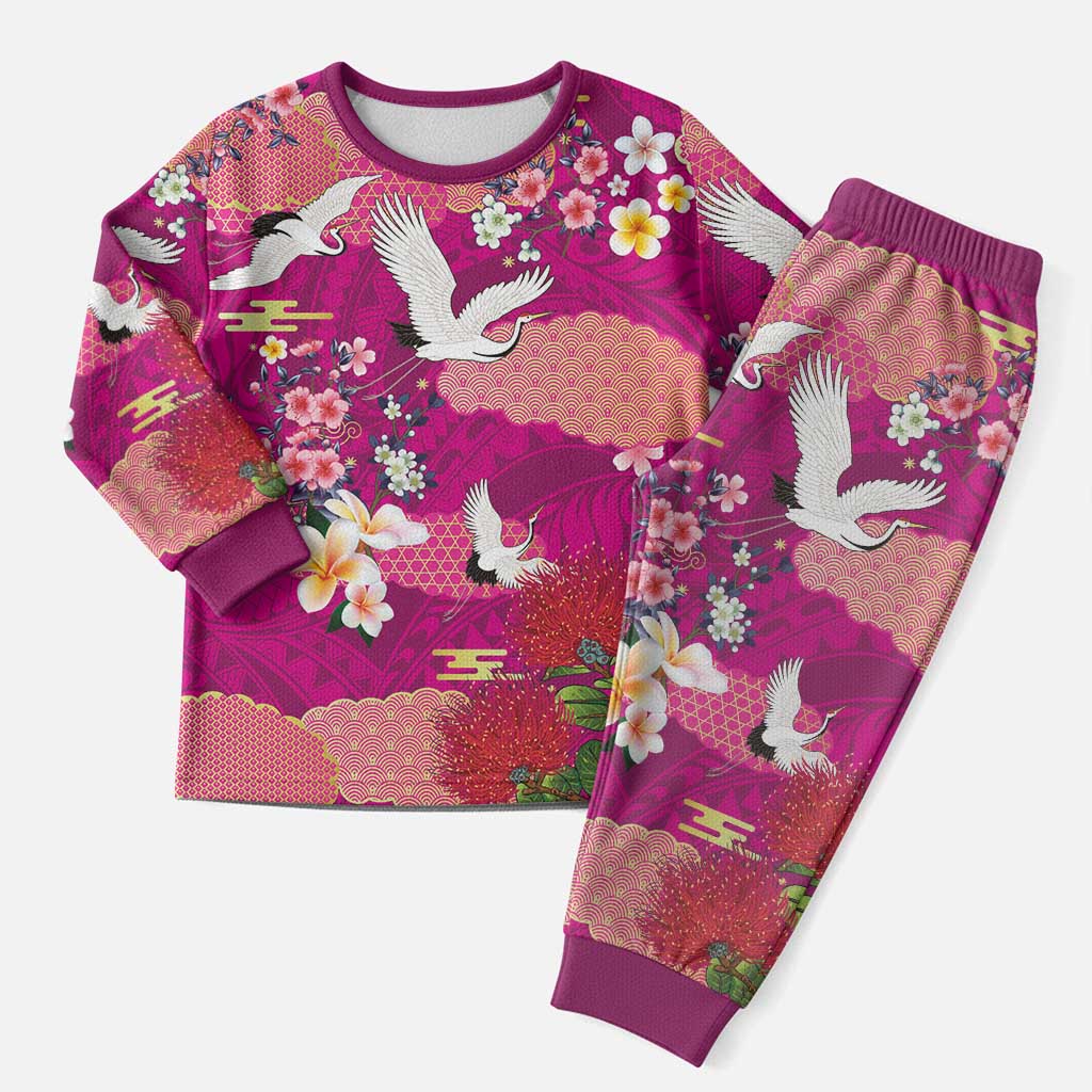 Hawaiian and Japanese Culture Together Christmas Pajama Set Pink Ohia Lehua Plumeria and Sakura Blooming LT03 Men Pink - Polynesian Pride