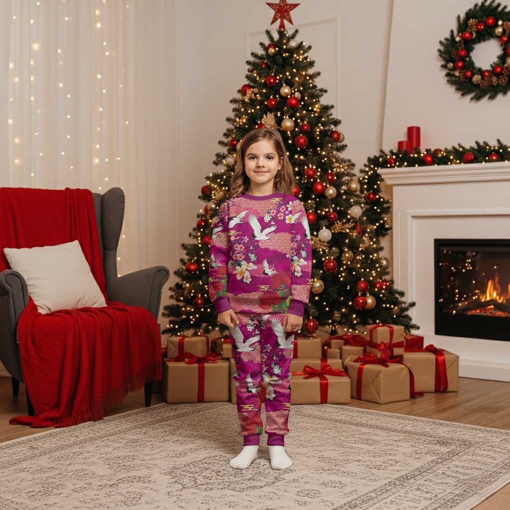 Hawaiian and Japanese Culture Together Christmas Pajama Set Pink Ohia Lehua Plumeria and Sakura Blooming LT03 Kid Pink - Polynesian Pride