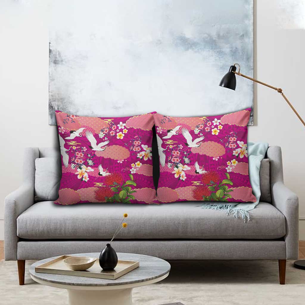 Hawaiian and Japanese Culture Together Pillow Cover Pink Ohia Lehua Plumeria and Sakura Blooming LT03 - Polynesian Pride