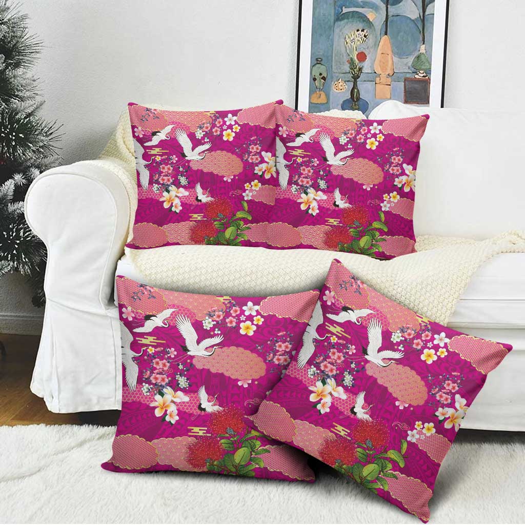 Hawaiian and Japanese Culture Together Pillow Cover Pink Ohia Lehua Plumeria and Sakura Blooming LT03 - Polynesian Pride