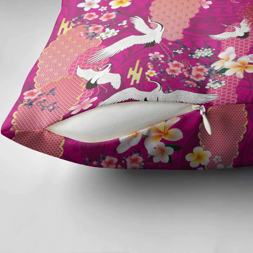 Hawaiian and Japanese Culture Together Pillow Cover Pink Ohia Lehua Plumeria and Sakura Blooming LT03 - Polynesian Pride