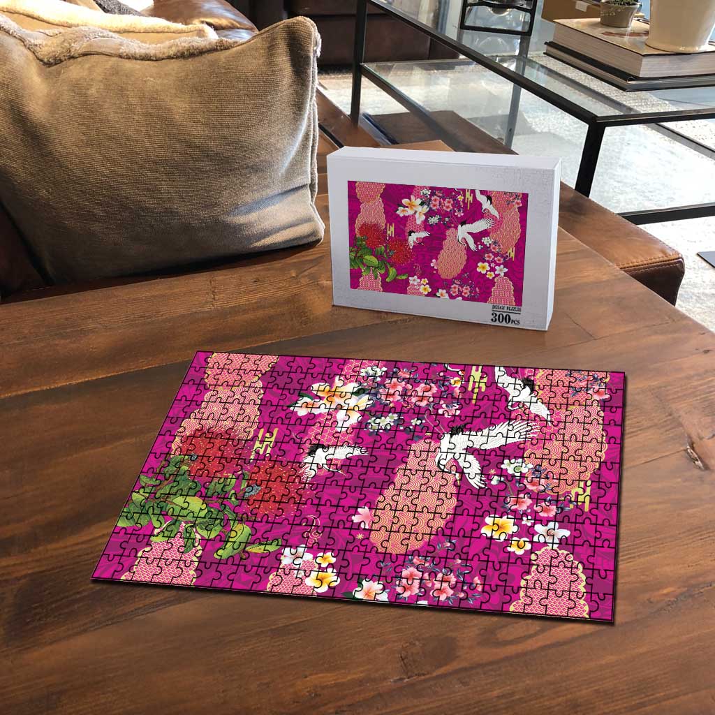 Hawaiian and Japanese Culture Together Puzzle Pink Ohia Lehua Plumeria and Sakura Blooming LT03 - Polynesian Pride