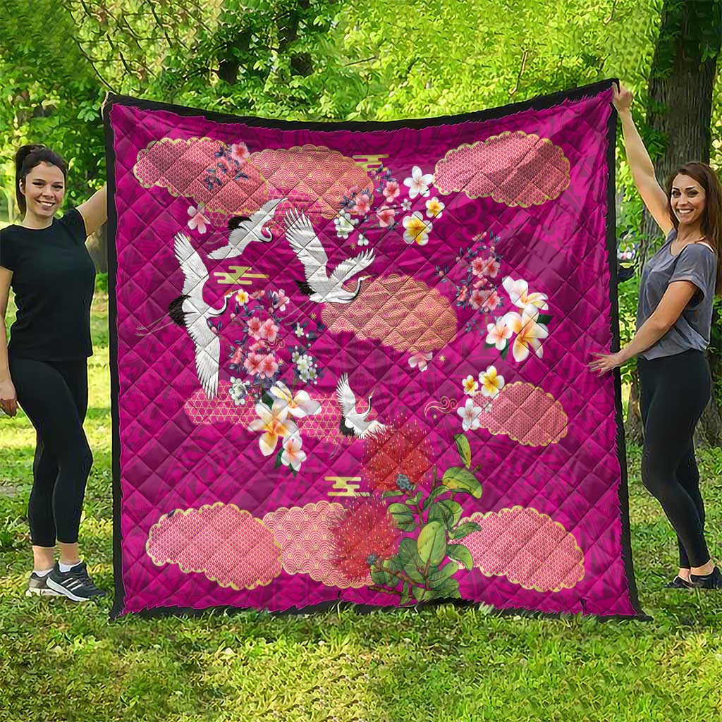 Hawaiian and Japanese Culture Together Quilt Pink Ohia Lehua Plumeria and Sakura Blooming LT03 - Polynesian Pride