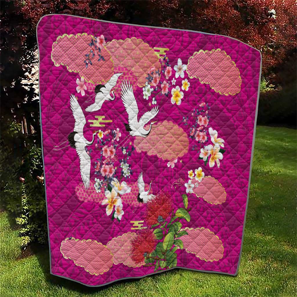 Hawaiian and Japanese Culture Together Quilt Pink Ohia Lehua Plumeria and Sakura Blooming LT03 - Polynesian Pride