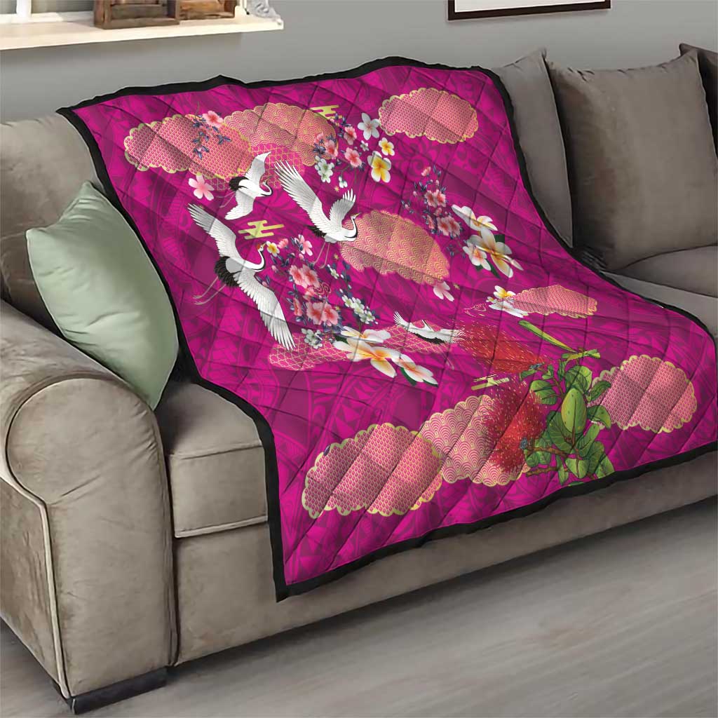 Hawaiian and Japanese Culture Together Quilt Pink Ohia Lehua Plumeria and Sakura Blooming LT03 - Polynesian Pride