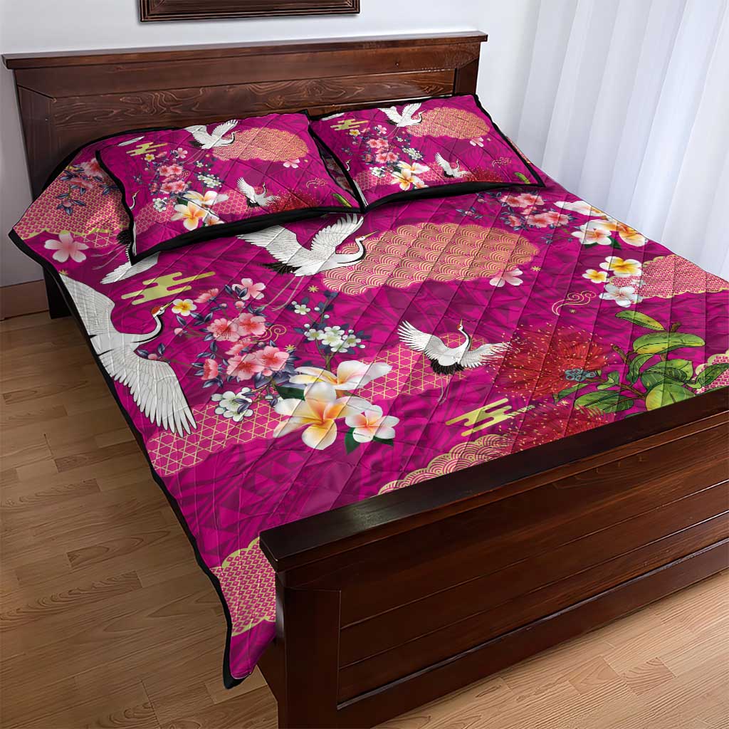 Hawaiian and Japanese Culture Together Quilt Bed Set Pink Ohia Lehua Plumeria and Sakura Blooming LT03 - Polynesian Pride