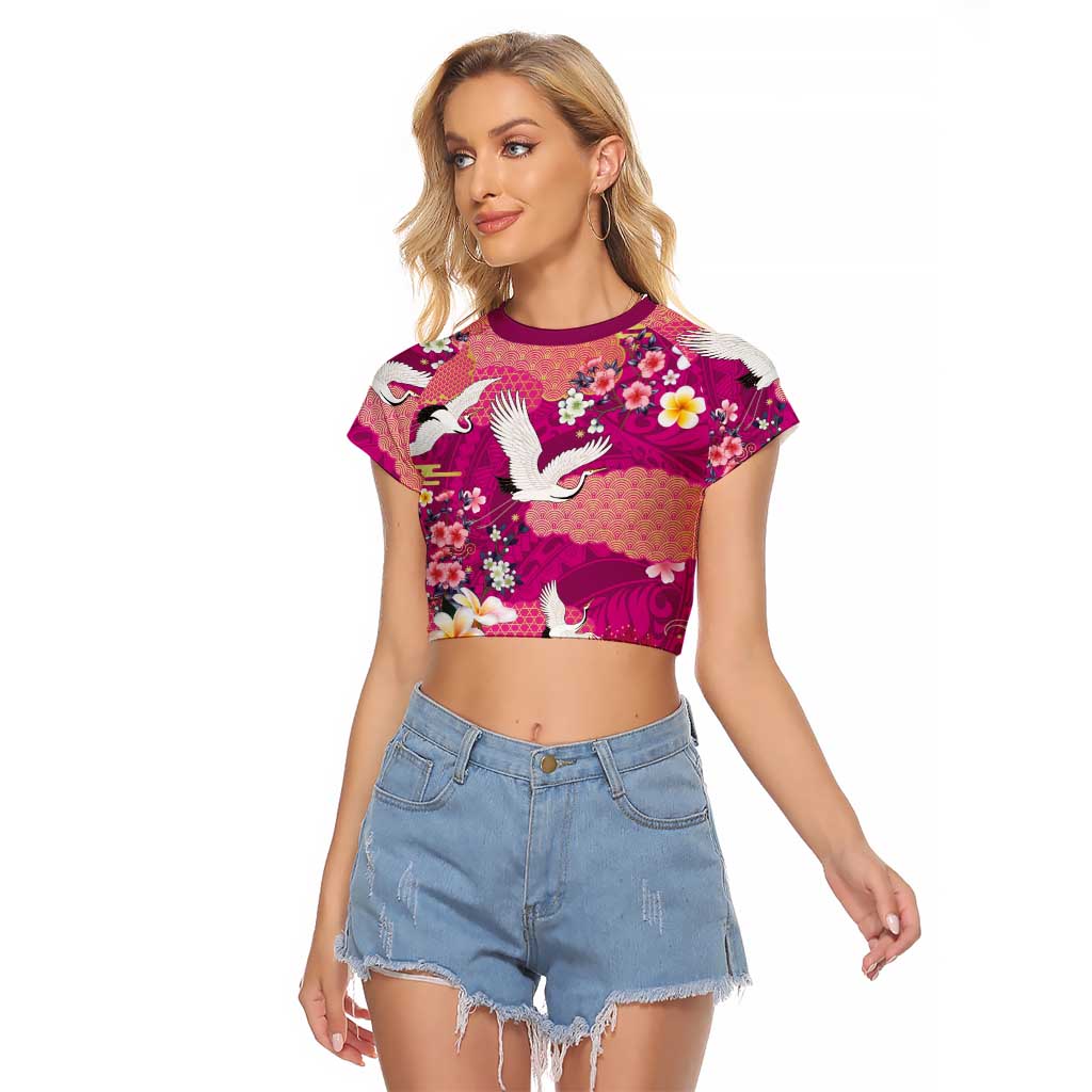 Hawaiian and Japanese Culture Together Raglan Cropped T Shirt Pink Ohia Lehua Plumeria and Sakura Blooming LT03 Female Pink - Polynesian Pride