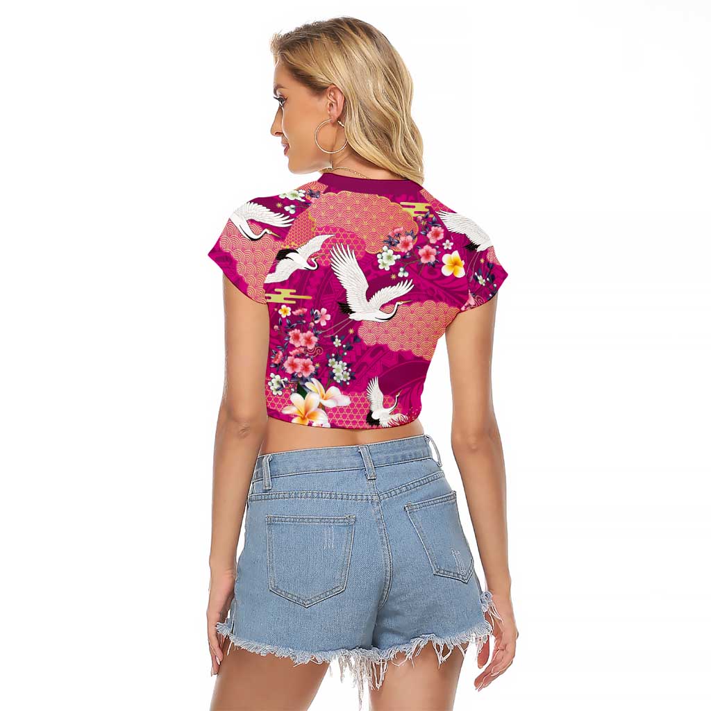 Hawaiian and Japanese Culture Together Raglan Cropped T Shirt Pink Ohia Lehua Plumeria and Sakura Blooming LT03 - Polynesian Pride