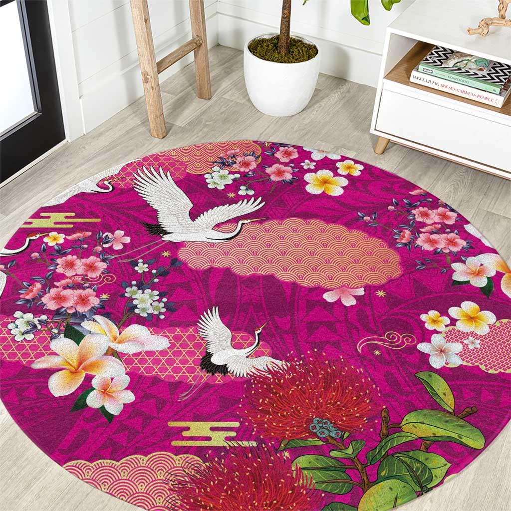 Hawaiian and Japanese Culture Together Round Carpet Pink Ohia Lehua Plumeria and Sakura Blooming LT03 Pink - Polynesian Pride