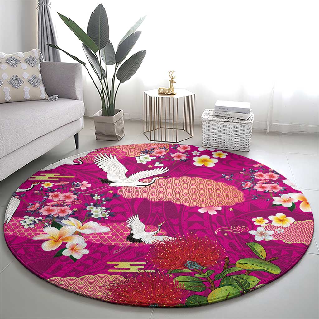 Hawaiian and Japanese Culture Together Round Carpet Pink Ohia Lehua Plumeria and Sakura Blooming LT03 - Polynesian Pride