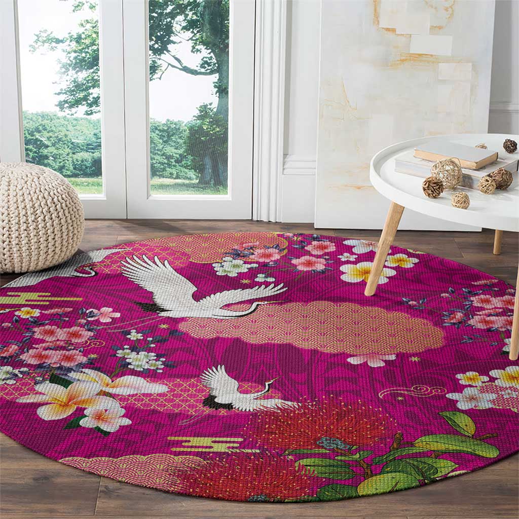 Hawaiian and Japanese Culture Together Round Carpet Pink Ohia Lehua Plumeria and Sakura Blooming LT03 - Polynesian Pride